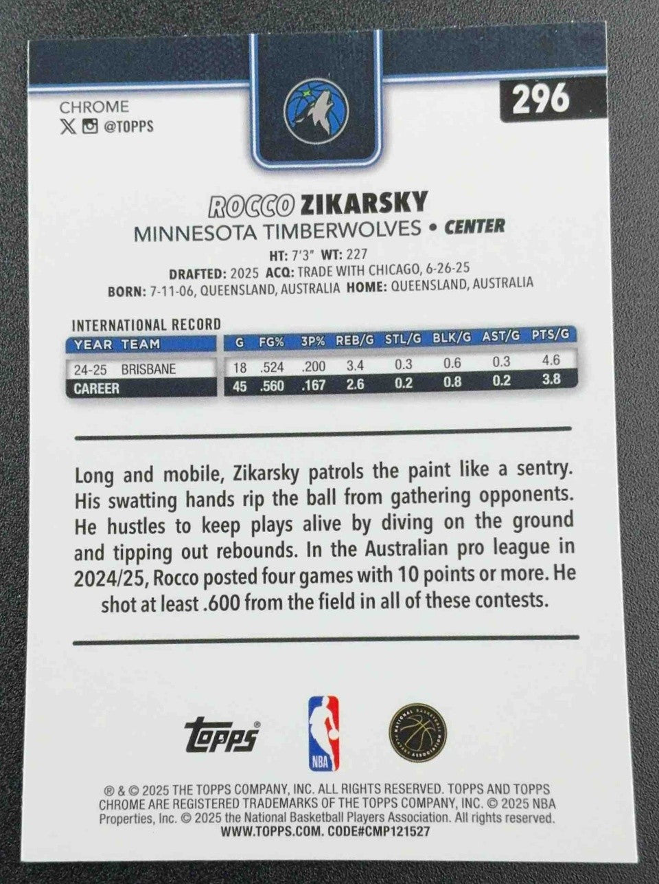 ROCCO ZIKARSKY 2025-26 TOPPS CHROME #296 BASKETBALL REFRACTOR RC TIMBERWOLVES