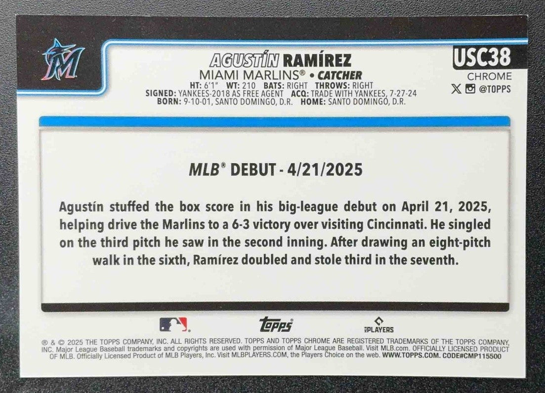 Agustin Ramirez 2025 Topps Chrome Update #USC38 Black Refractor /10