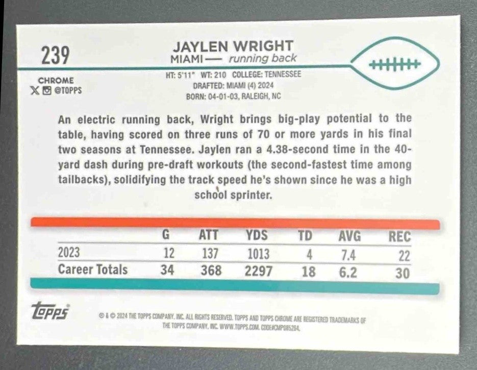 JAYLEN WRIGHT 2024 TOPPS CHROME #239 REFRACTOR RC DOLPHINS