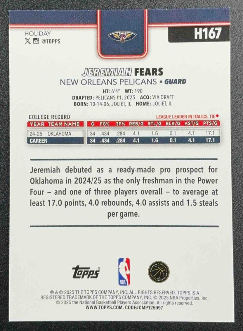 JEREMIAH FEARS 2025-26 TOPPS HOLIDAY #H167 RC PELICANS