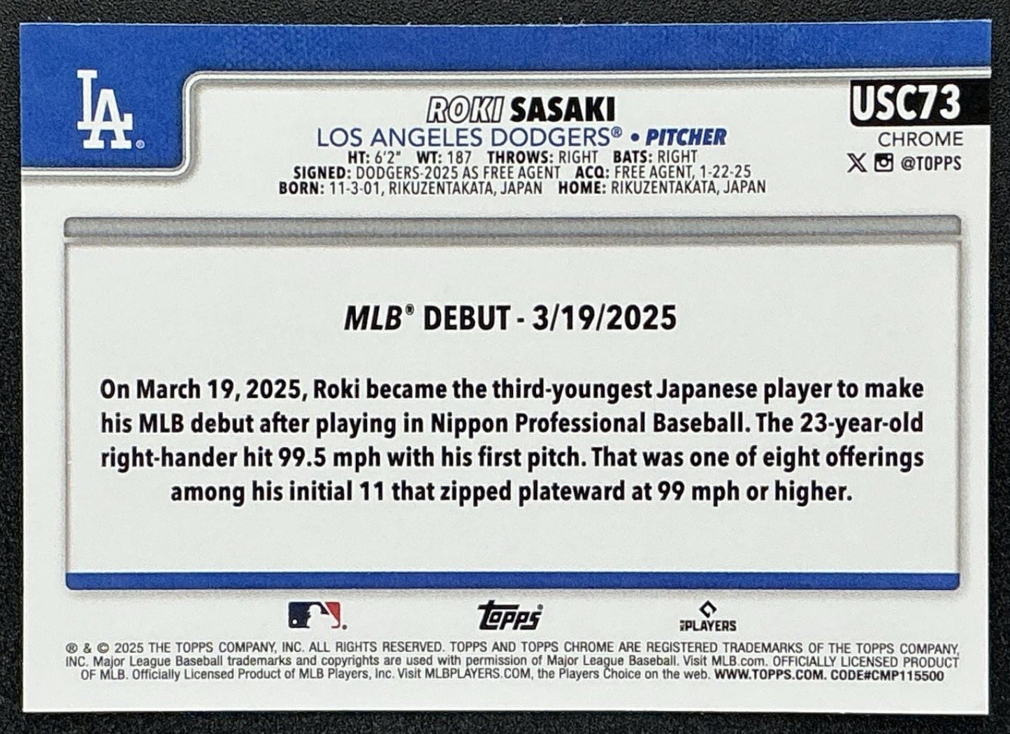 ROKI SASAKI 2025 TOPPS CHROME UPDATE #USC73 RC DODGERS