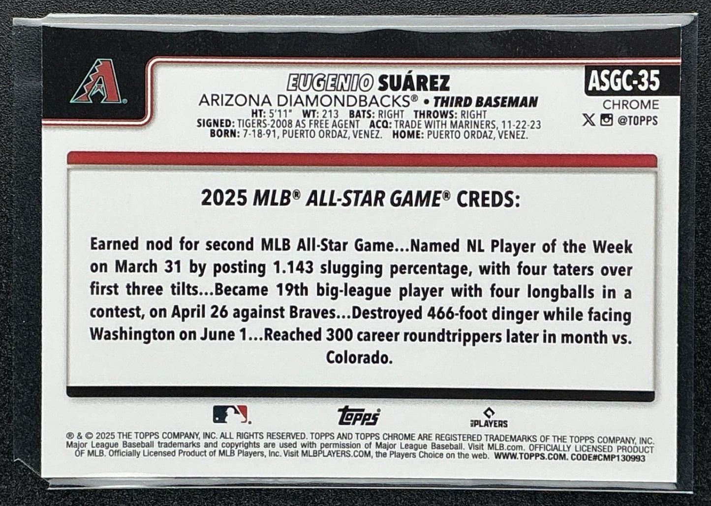 EUGENIO SUAREZ 2025 TOPPS CHROME UPDATE #ASGC-35 ALL-STAR GAME DIAMONDBACKS