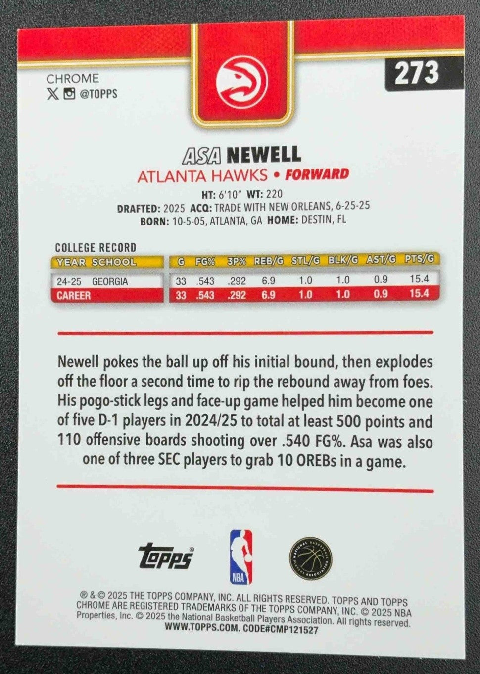 ASA NEWELL 2025-26 TOPPS CHROME #273 REFRACTOR RC HAWKS