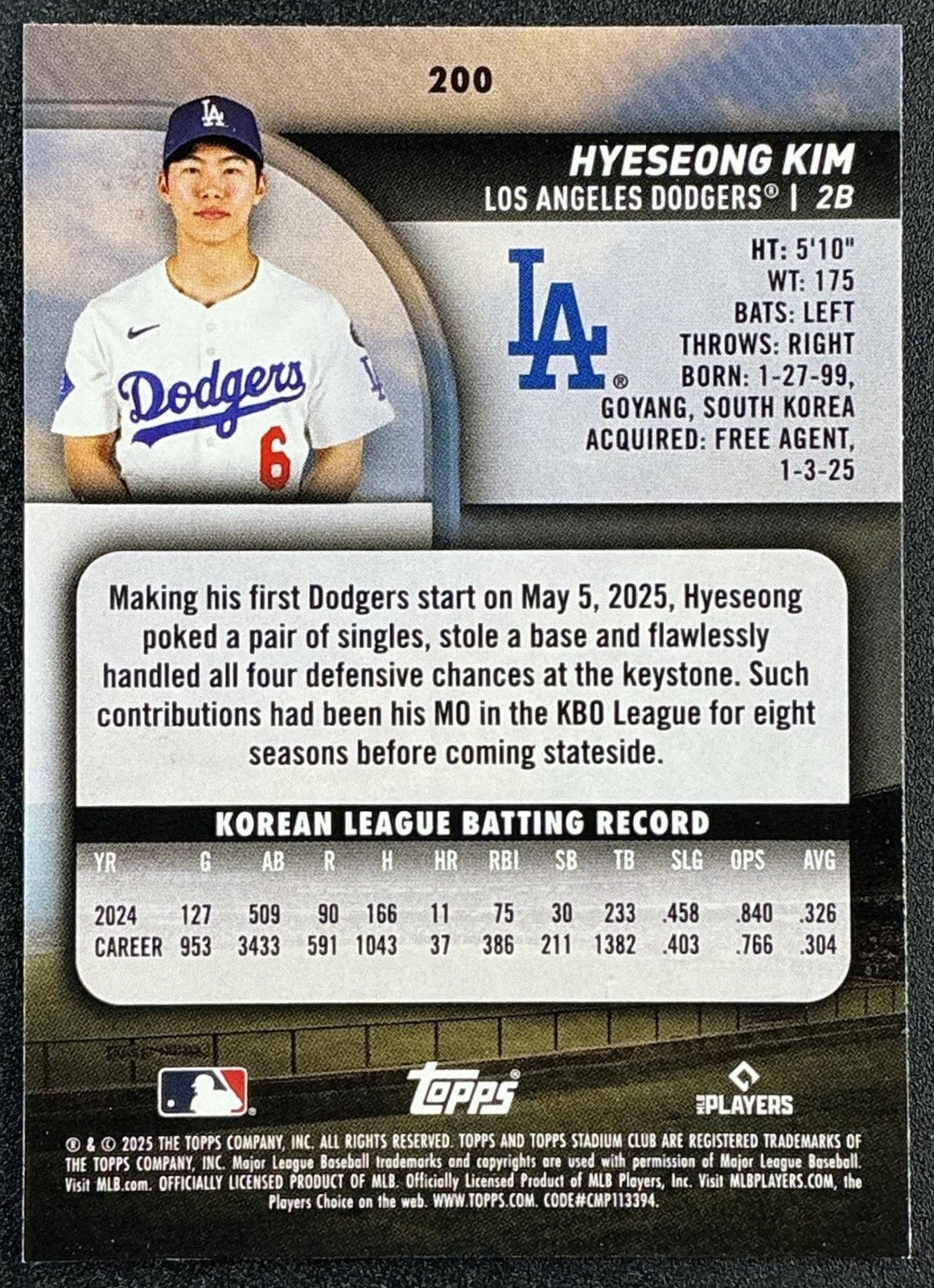 HYESEONG KIM 2025 TOPPS STADIUM CLUB #200 RC DODGERS