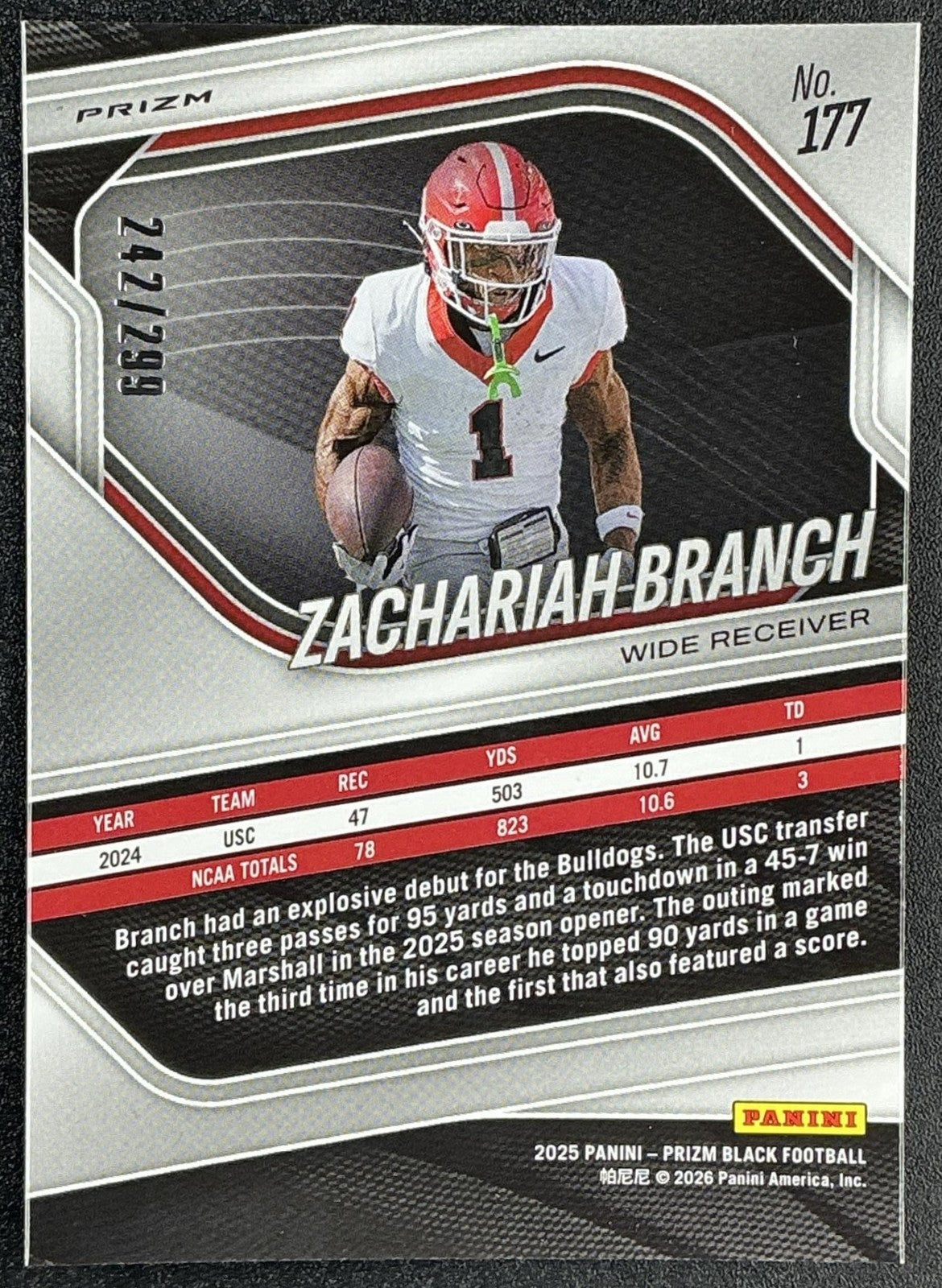 ZACHARIAH BRANCH 2025 PANINI PRIZM BLACK #177 PROSPECTS RED 242/299 BULLDOGS