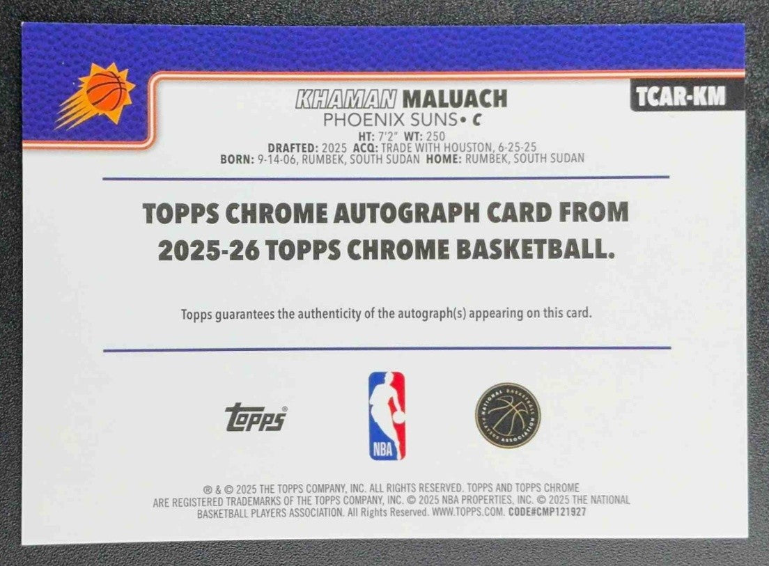 KHAMAN MALUACH 2025-26 TOPPS CHROME #TCAR-KM ROOKIE AUTO RC SUNS