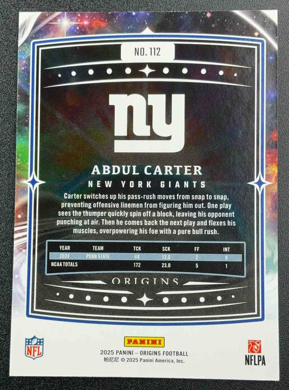 ABDUL CARTER 2025 PANINI ORIGINS #112 ROOKIE RC GIANTS