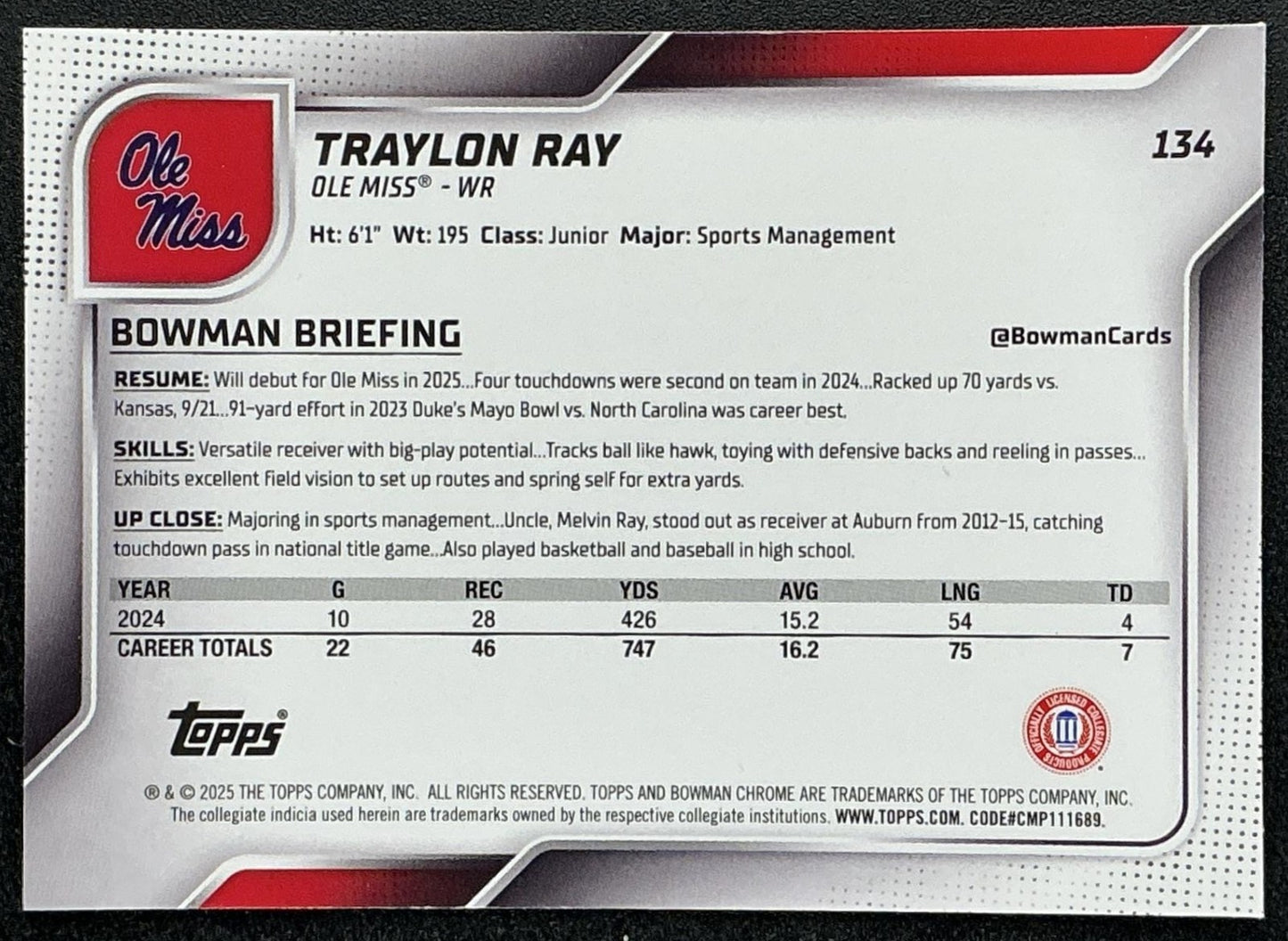 TRAYLON RAY 2025 BOWMAN CHROME UNIVERSITY SAPPHIRE #134 1ST PROSPECT REBELS