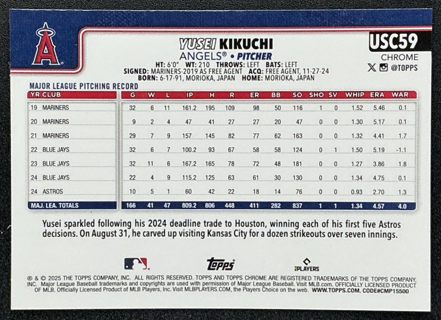 YUSEI KIKUCHI 2025 TOPPS CHROME UPDATE #USC59 SEPIA REFRACTOR ANGELS
