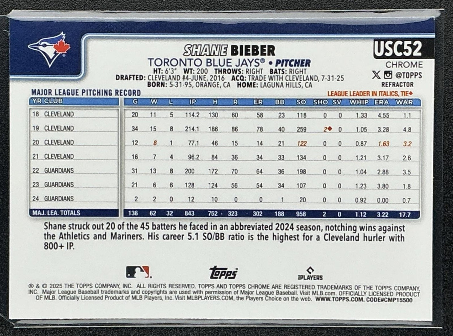 SHANE BIEBER 2025 TOPPS CHROME UPDATE #USC52 REFRACTOR BLUE JAYS