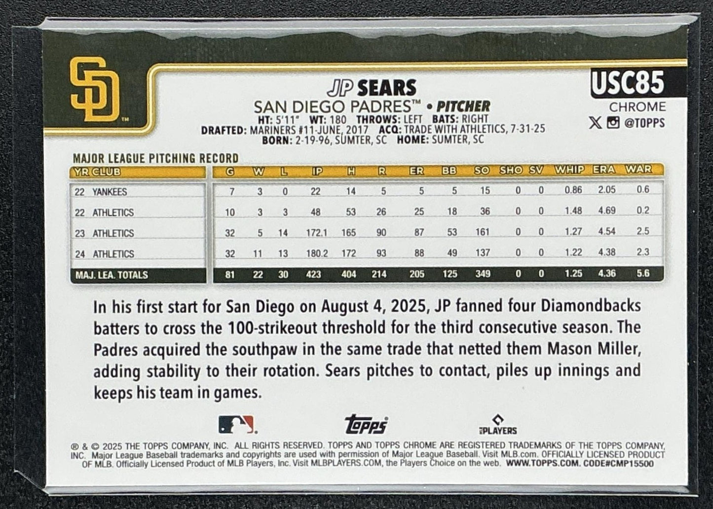 JP SEARS 2025 TOPPS CHROME UPDATE #USC85 PRISM REFRACTOR PADRES