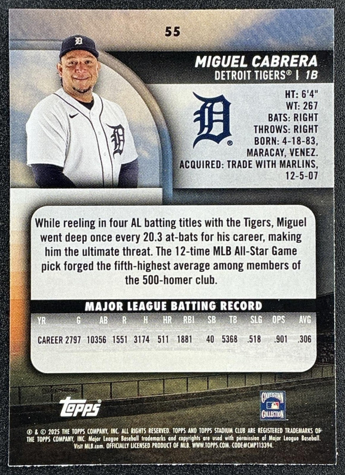 MIGUEL CABRERA 2025 TOPPS STADIUM CLUB #55 RED FOIL TIGERS