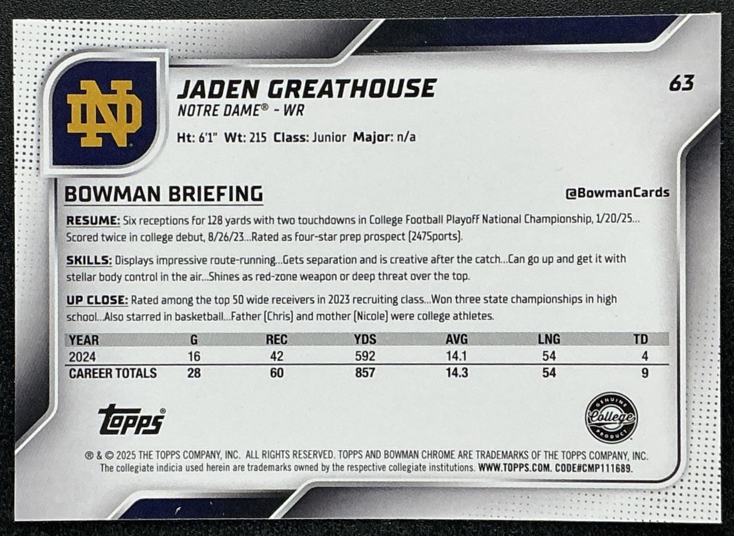 2025 Bowman Chrome University Sapphire Jaden Greathouse #63 1st Prospect
