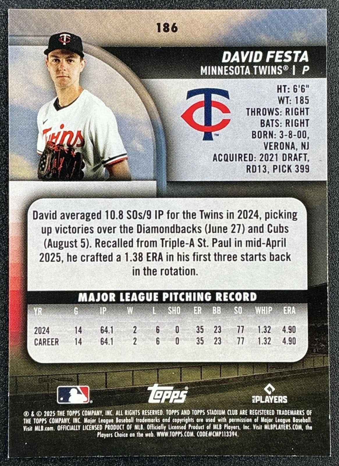 DAVID FESTA 2025 TOPPS STADIUM CLUB #186 RC TWINS