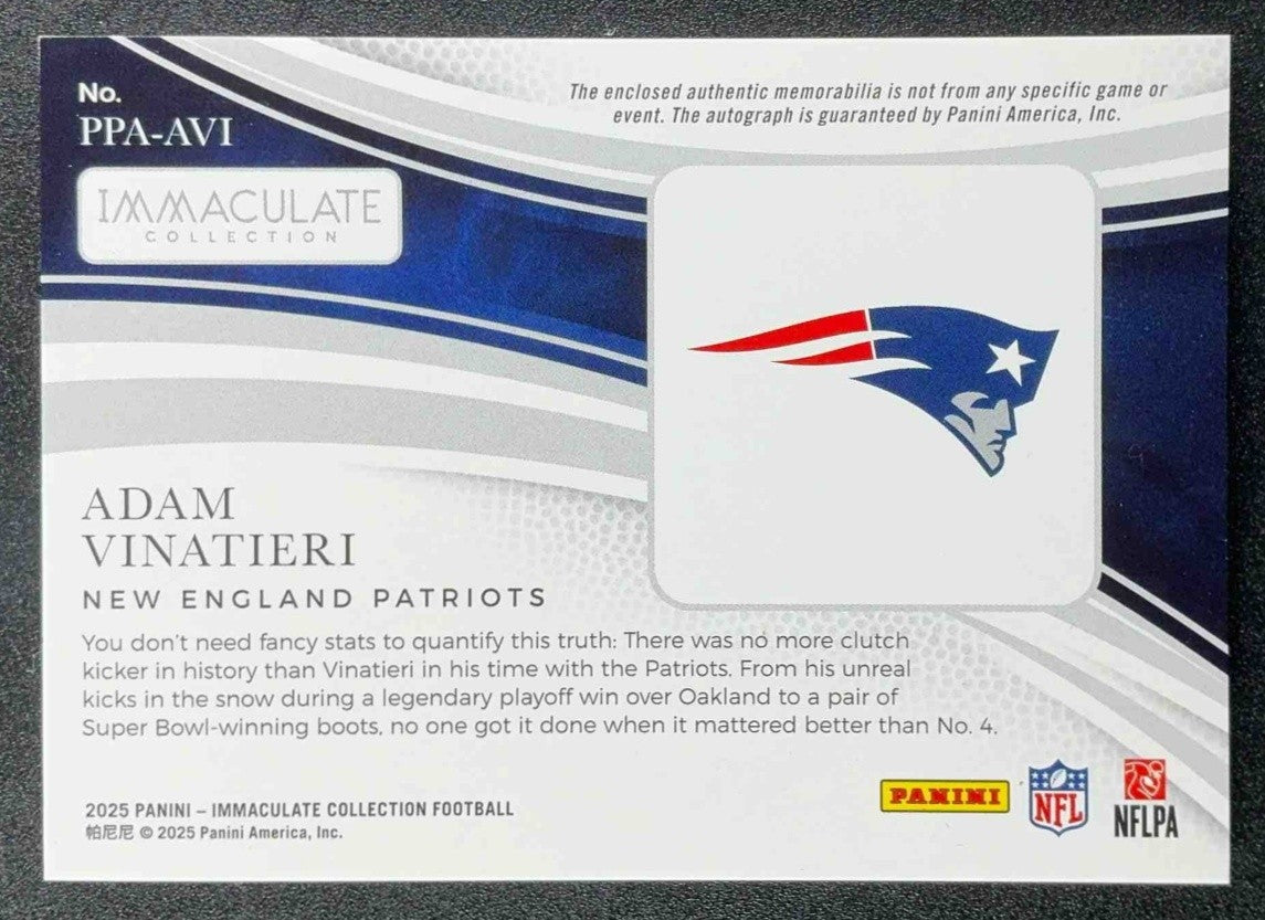 ADAM VINATIERI 2025 PANINI IMMACULATE PREMIUM PATCH AUTO /99 PATRIOTS