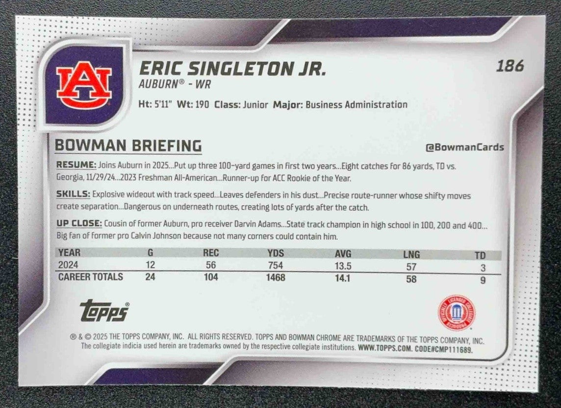 ERIC SINGLETON JR. 2025 BOWMAN CHROME UNIVERSITY SAPPHIRE #186 PROSPECT TIGERS
