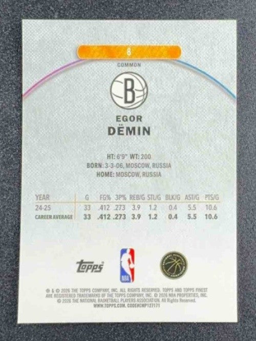 EGOR DEMIN 2025-26 TOPPS FINEST #8 COMMON OIL SPILL REFRACTOR RC NETS
