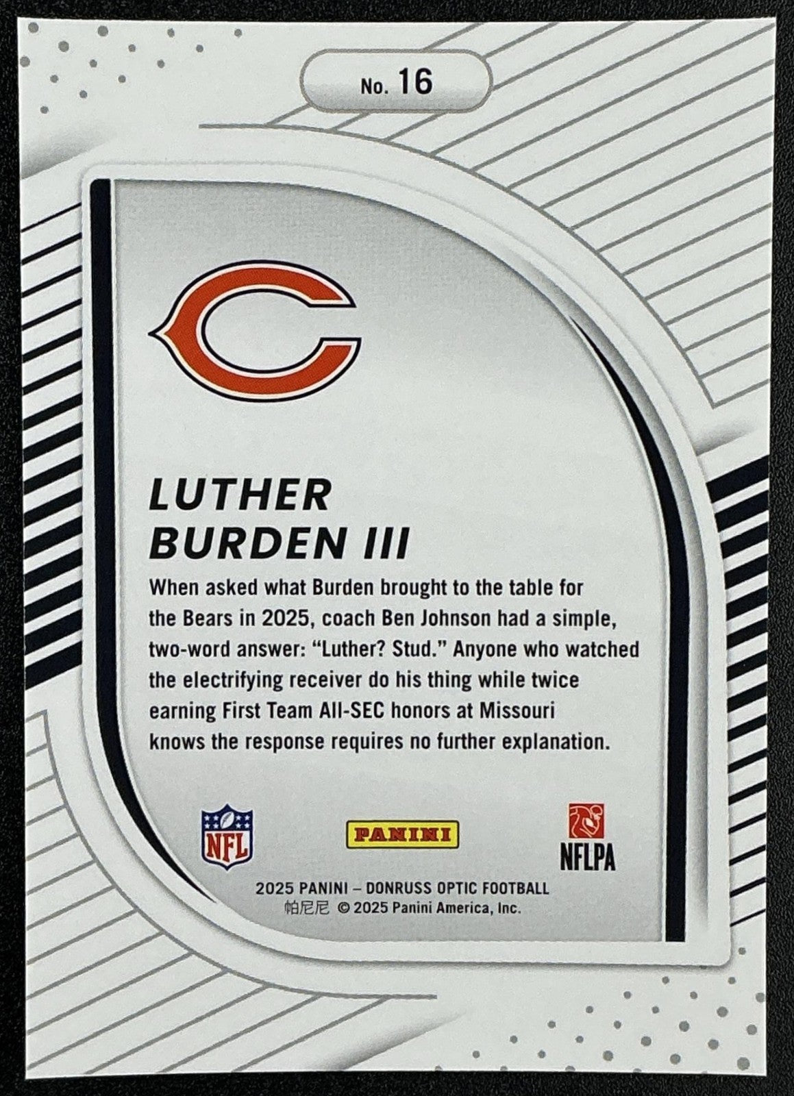 LUTHER BURDEN III 2025 PANINI DONRUSS OPTIC #16 HIDDEN POTENTIAL RC BEARS