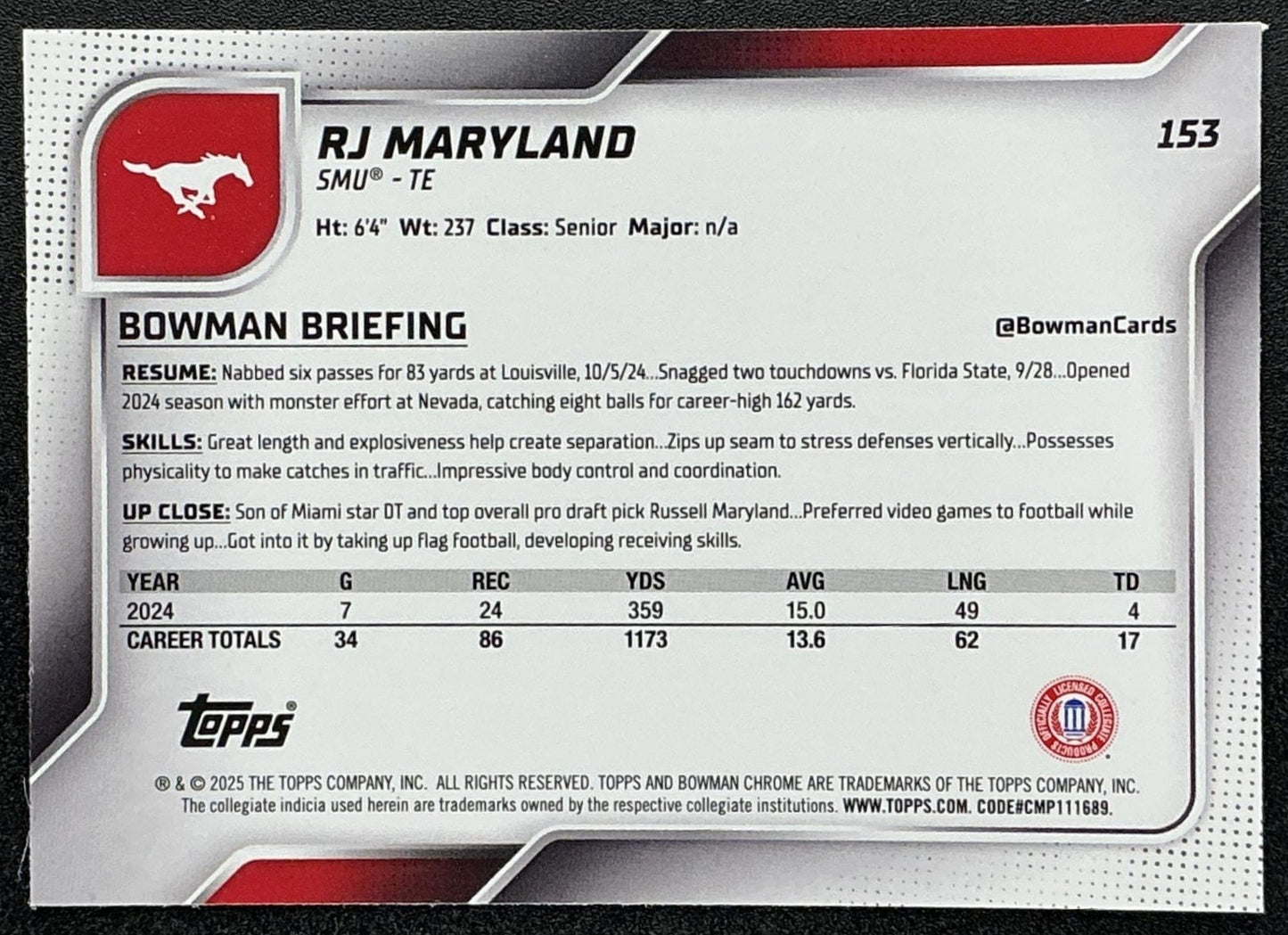 RJ MARYLAND 2025 BOWMAN CHROME UNIVERSITY SAPPHIRE #153 1ST PROSPECT MUSTANGS