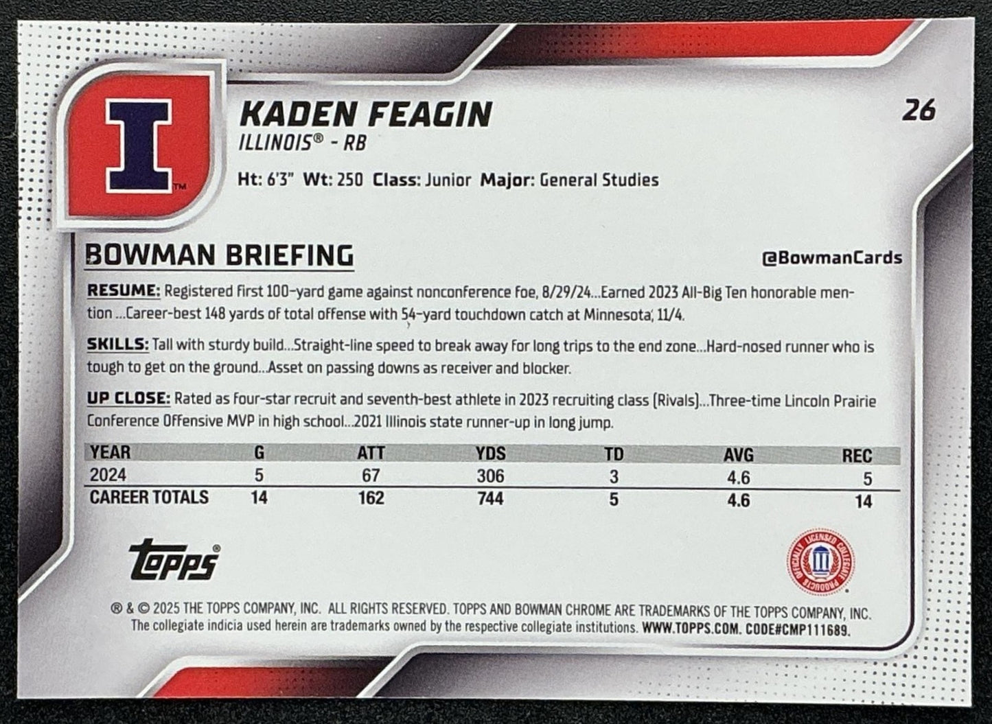 2025 Bowman Chrome University Sapphire Kaden Feagin #26 1st Prospect