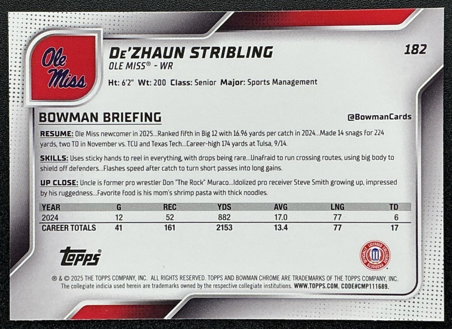 2025 Bowman Chrome University Sapphire De'Zhaun Stribling #182 1st Prospect