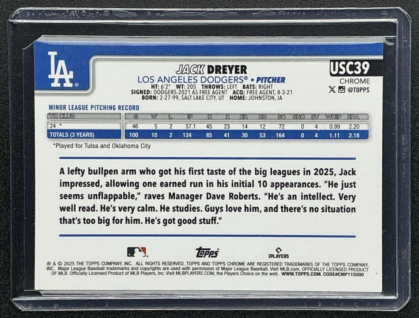 JACK DREYER 2025 TOPPS CHROME UPDATE #USC39 NEGATIVE REFRACTOR RC DODGERS