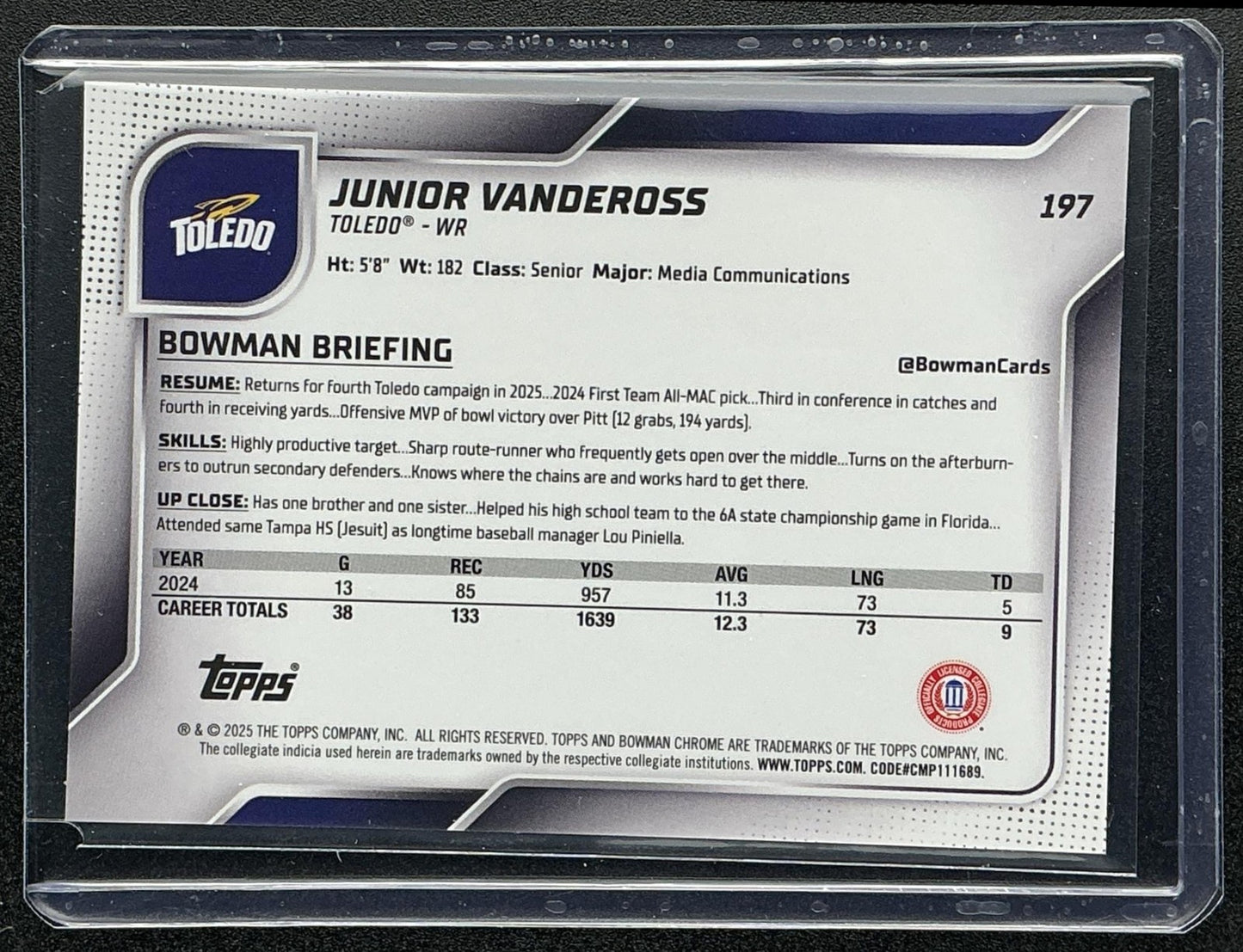 2025 Bowman Chrome University Sapphire Junior Vandeross #197 Orange /25 1st
