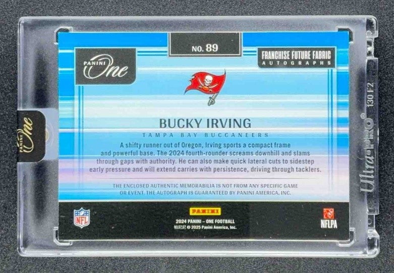 2024 Panini One Bucky Irving #89 Franchise Future Fabric Auto Red /49 MEM RC