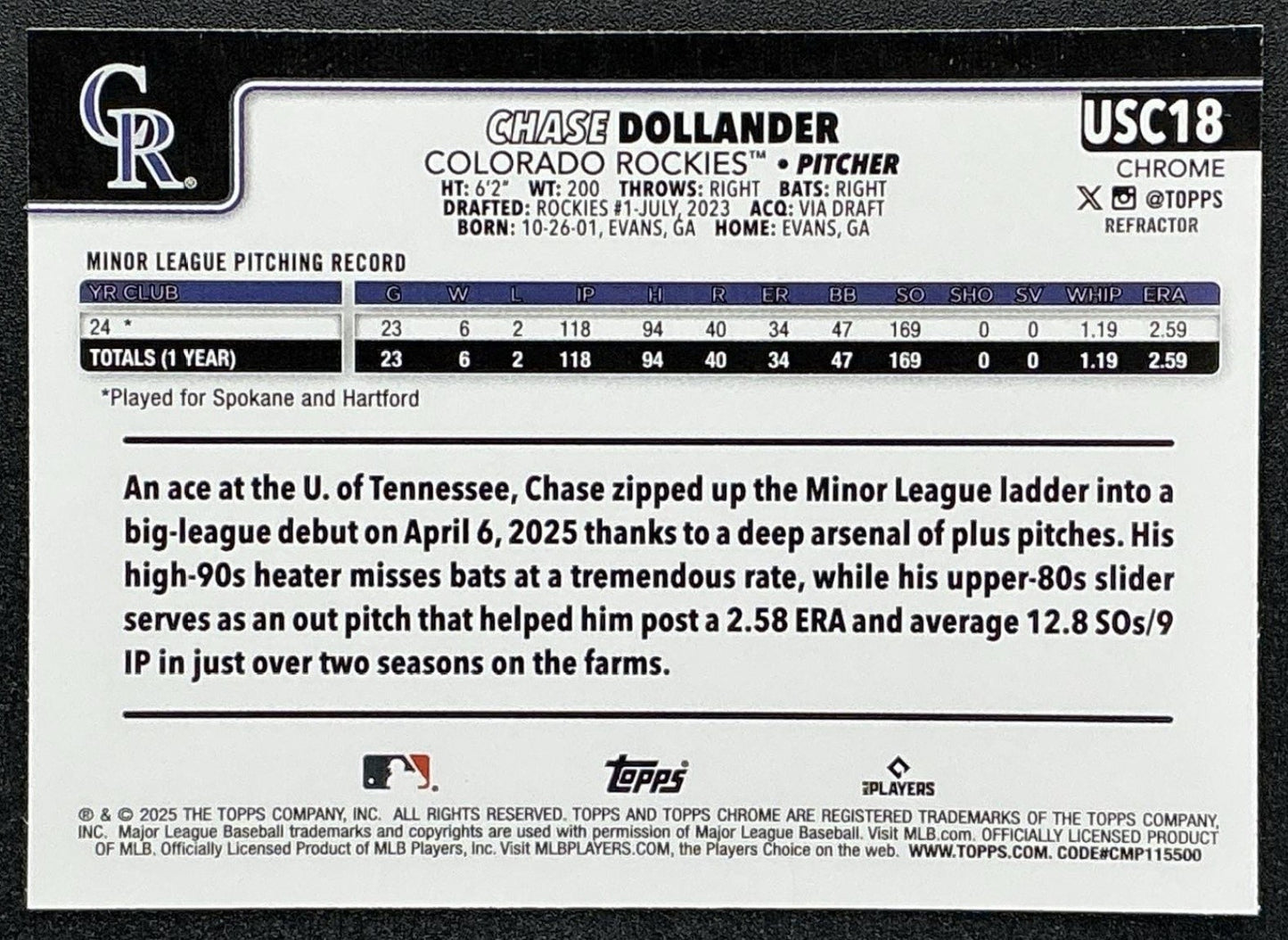 CHASE DOLLANDER 2025 TOPPS CHROME UPDATE #USC18 REFRACTOR RC ROCKIES