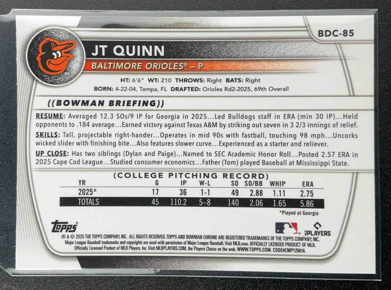 JT QUINN 2025 BOWMAN DRAFT #BDC-85 CHROME MOJO REFRACTOR 1ST PROSPECT ORIOLES