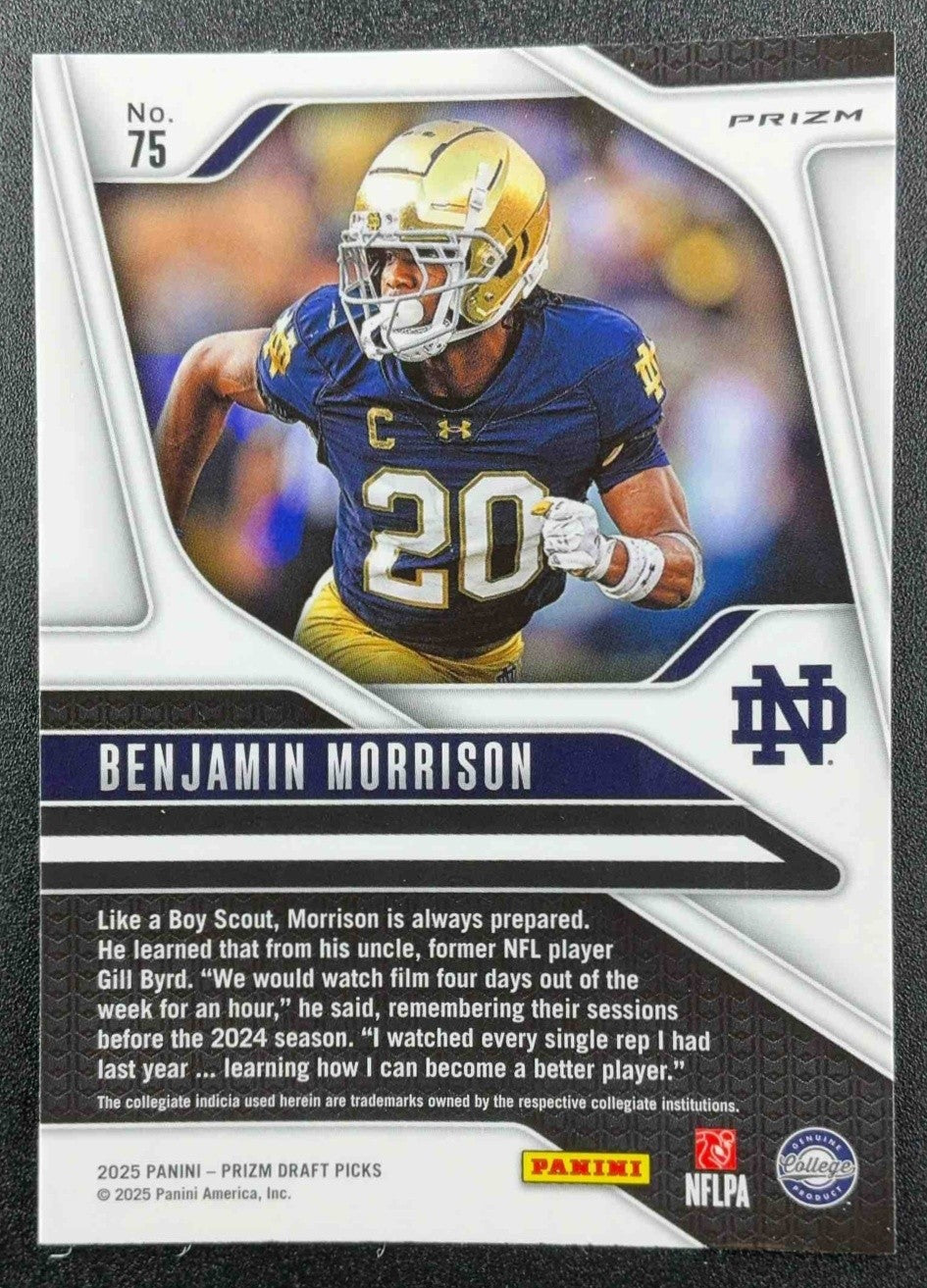 BENJAMIN MORRISON 2025 PANINI PRIZM DRAFT PICKS #75 SILVER RC FIGHTING IRISH