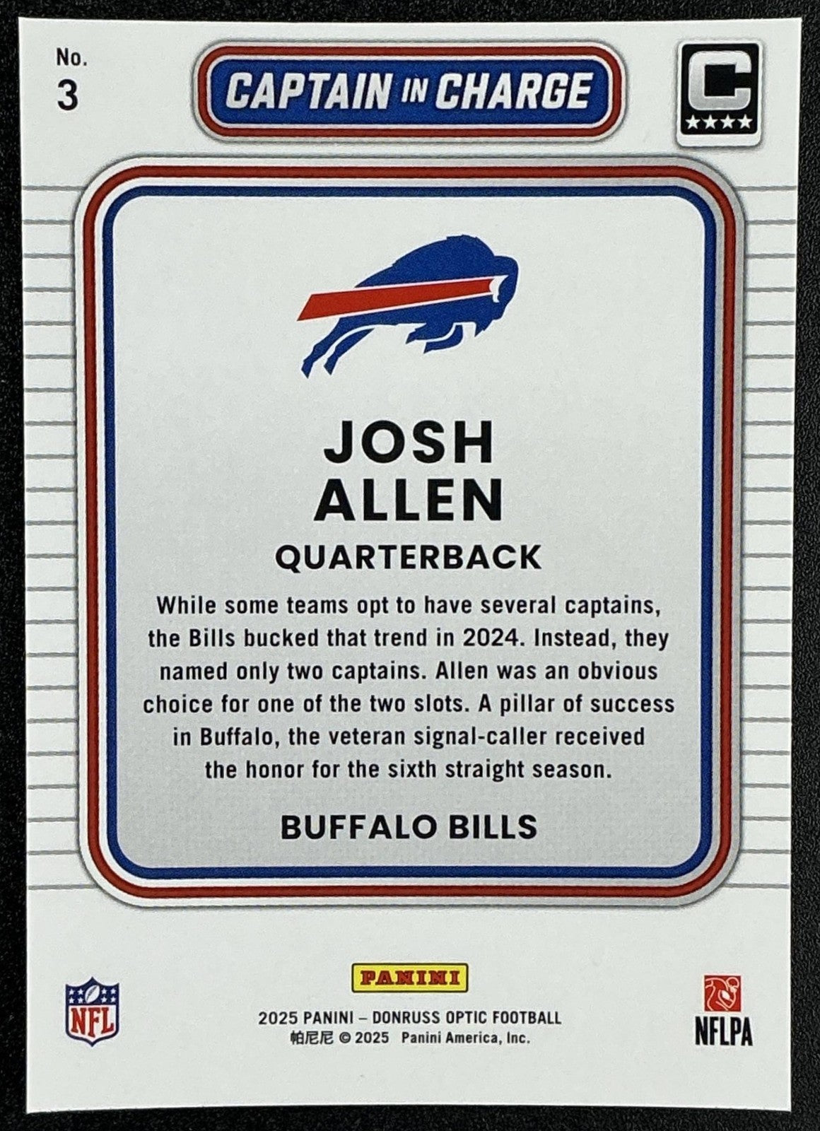 JOSH ALLEN 2025 PANINI DONRUSS OPTIC #3 CAPTAIN IN CHARGE BILLS