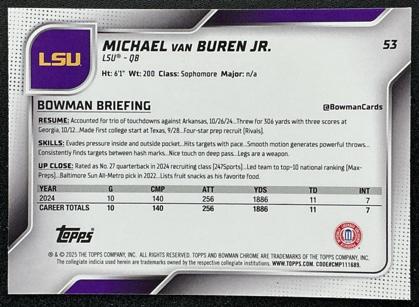 2025 Bowman Chrome University Sapphire Michael Van Buren Jr. #53 1st Prospect