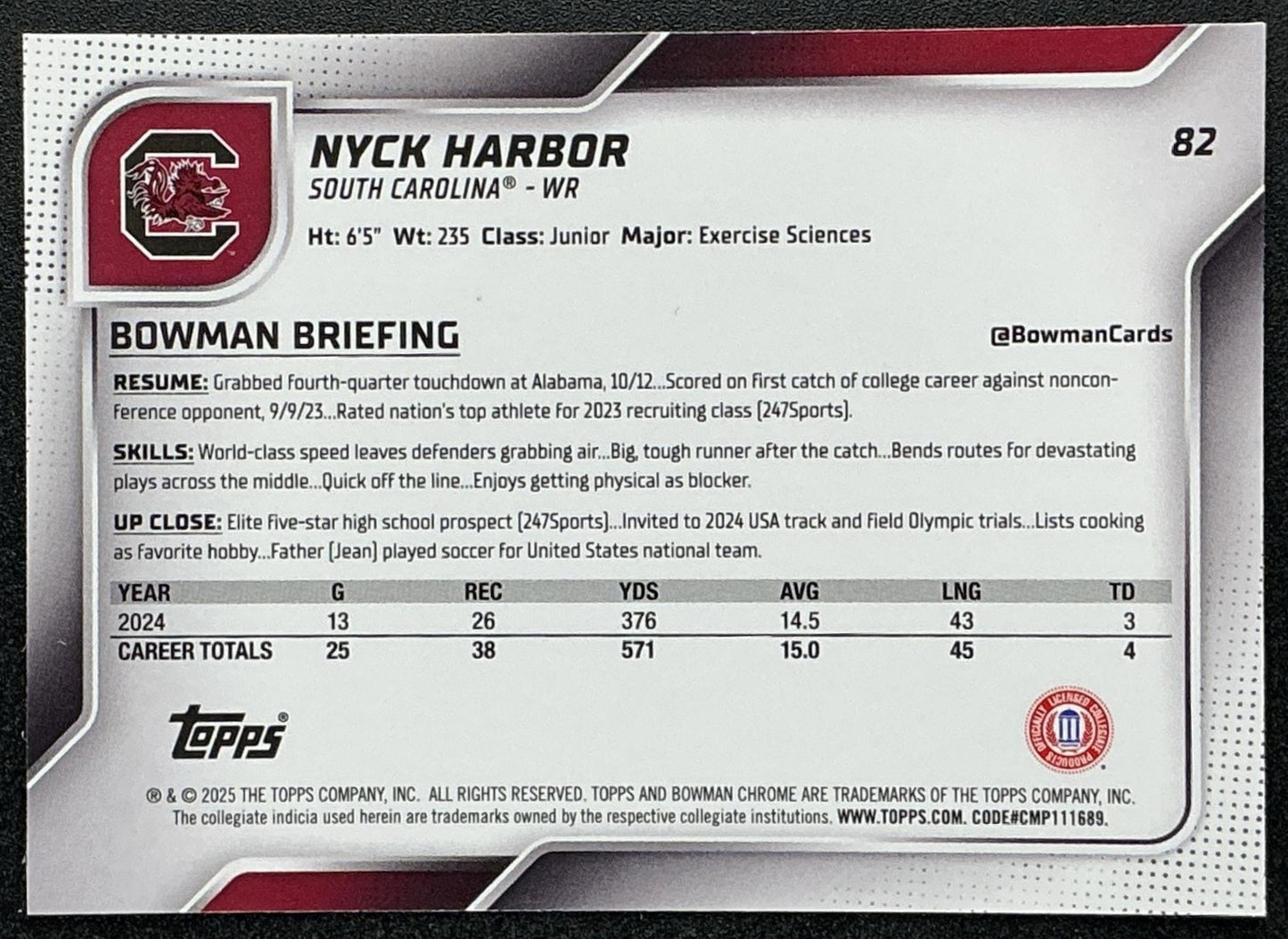 NYCK HARBOR 2025 BOWMAN CHROME UNIVERSITY SAPPHIRE #82 1ST PROSPECT GAMECOCKS