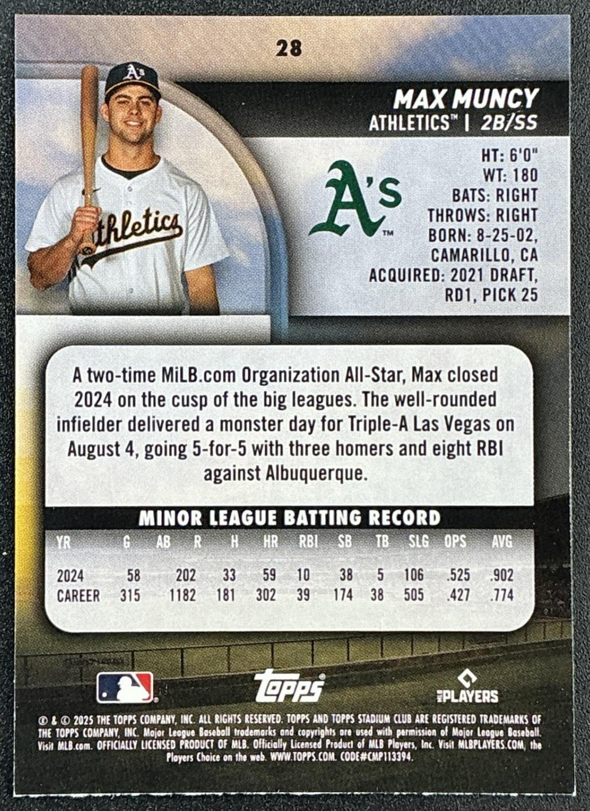 MAX MUNCY 2025 TOPPS STADIUM CLUB #28 RC ATHLETICS