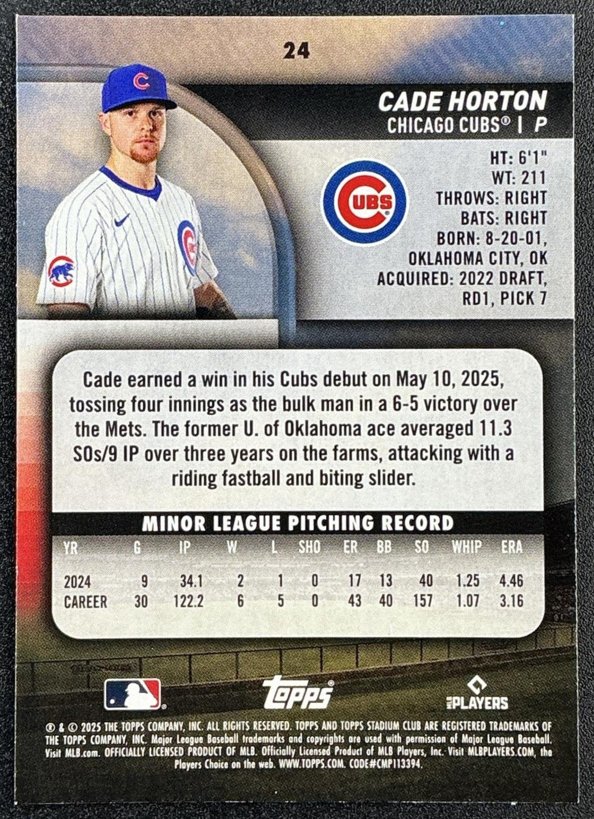 CADE HORTON 2025 TOPPS STADIUM CLUB #24 RC CUBS