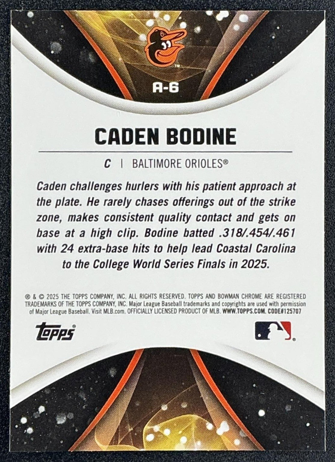 CADEN BODINE 2025 BOWMAN DRAFT #A-6 AXIS CHROME ORIOLES