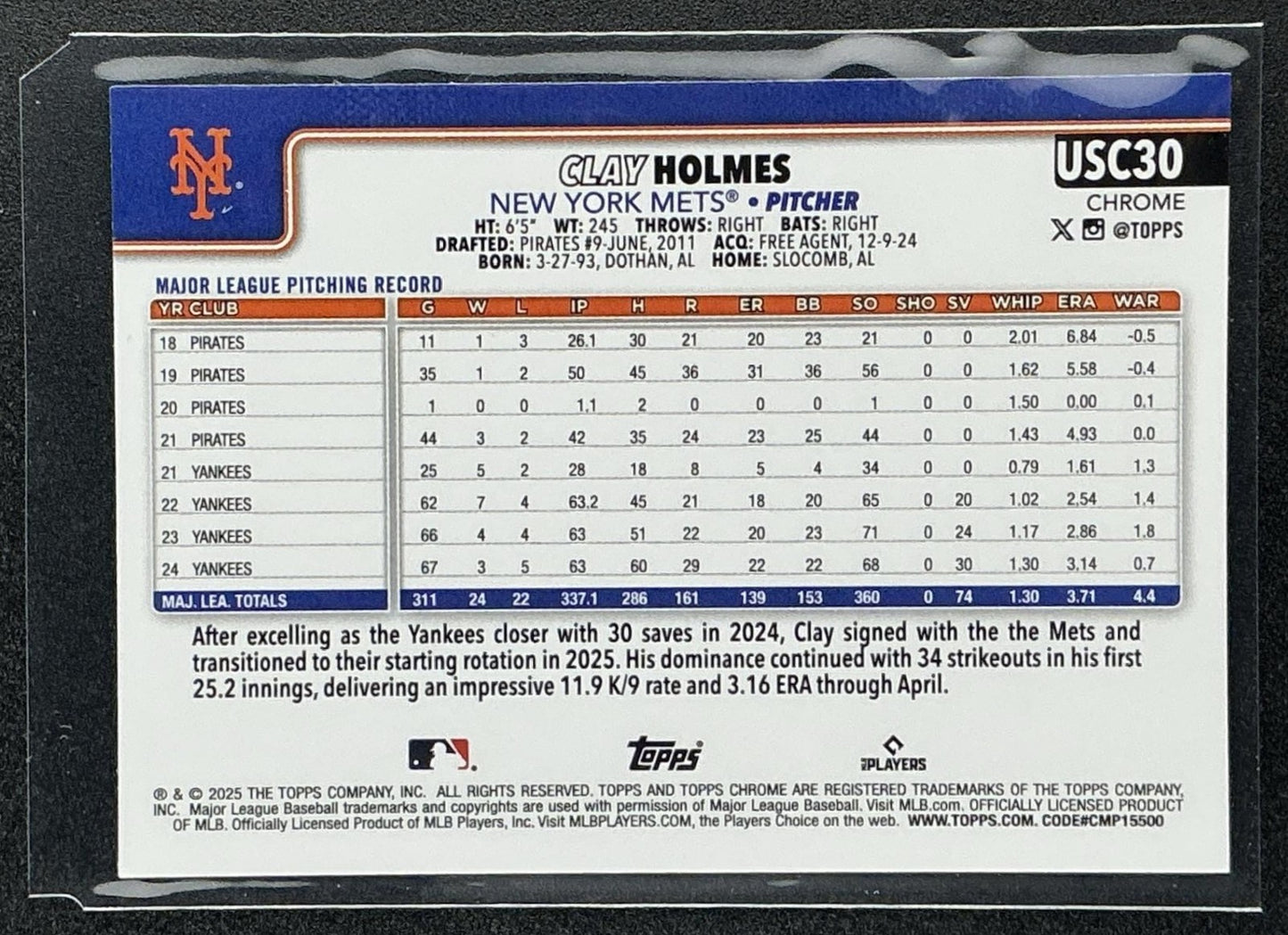 CLAY HOLMES 2025 TOPPS CHROME UPDATE #USC30 SEPIA REFRACTOR METS