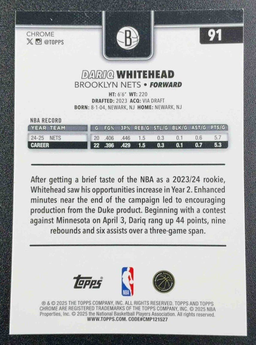 DARIQ WHITEHEAD 2025-26 TOPPS CHROME #91 PRISM REFRACTOR NETS