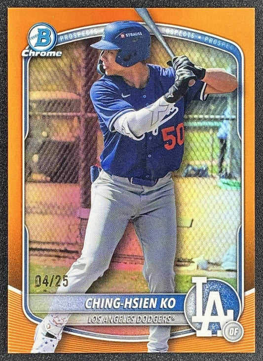 CHING-HSIEN KO 2025 BOWMAN DRAFT #BDC-165 CHROME ORANGE REFRACTOR 4/25 DODGERS