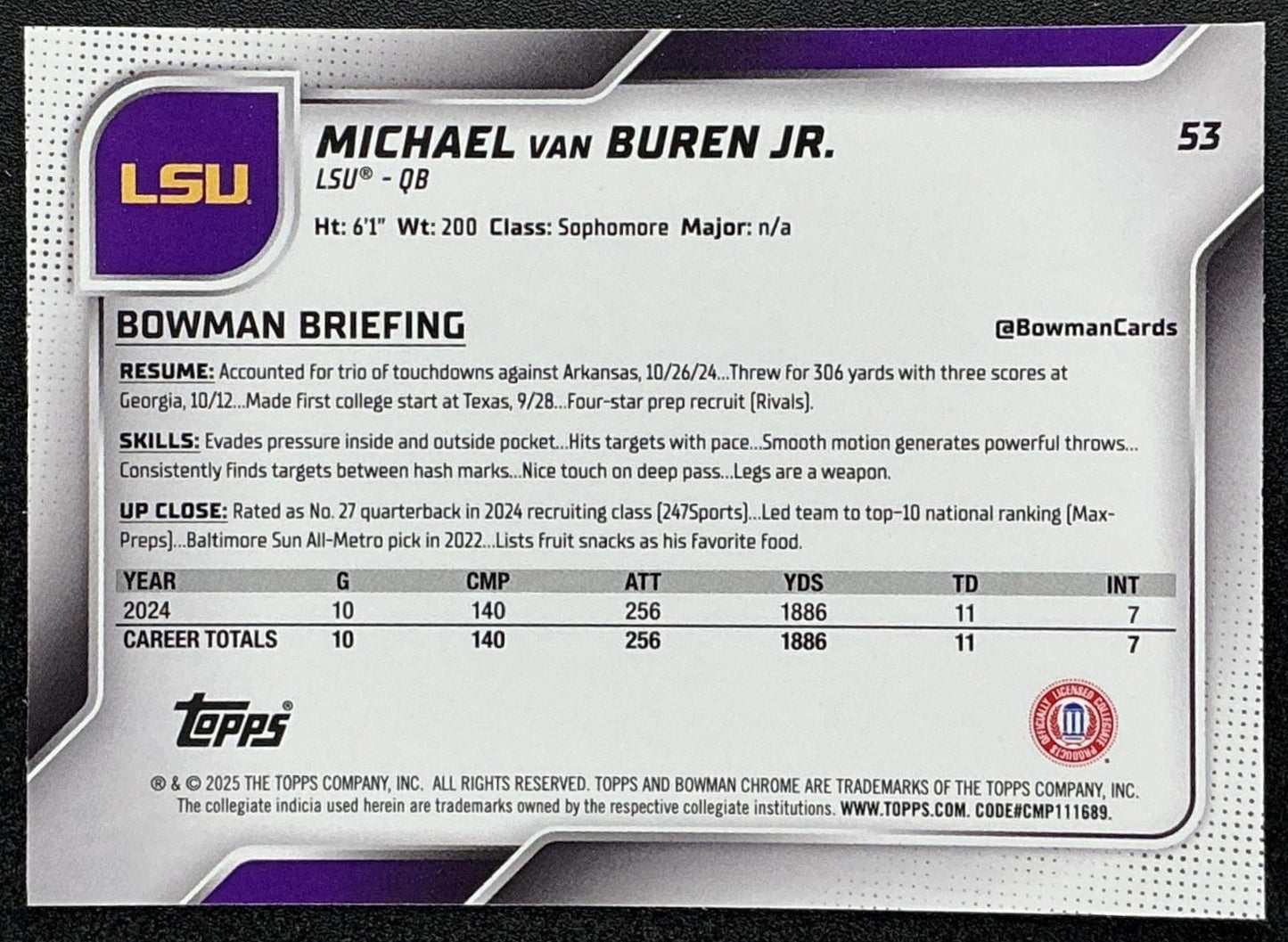 2025 Bowman Chrome University Sapphire Michael Van Buren Jr. #53 1st Prospect