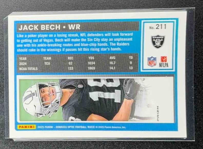 JACK BECH 2025 PANINI DONRUSS OPTIC #211 RATED ROOKIE BLUE HYPER PRIZM RAIDERS