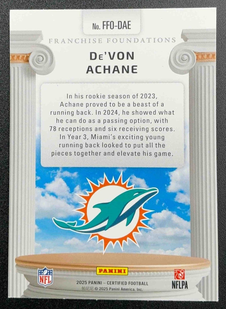 DE'VON ACHANE 2025 PANINI CERTIFIED #FFO-DAE FRANCHISE FOUNDATIONS DOLPHINS
