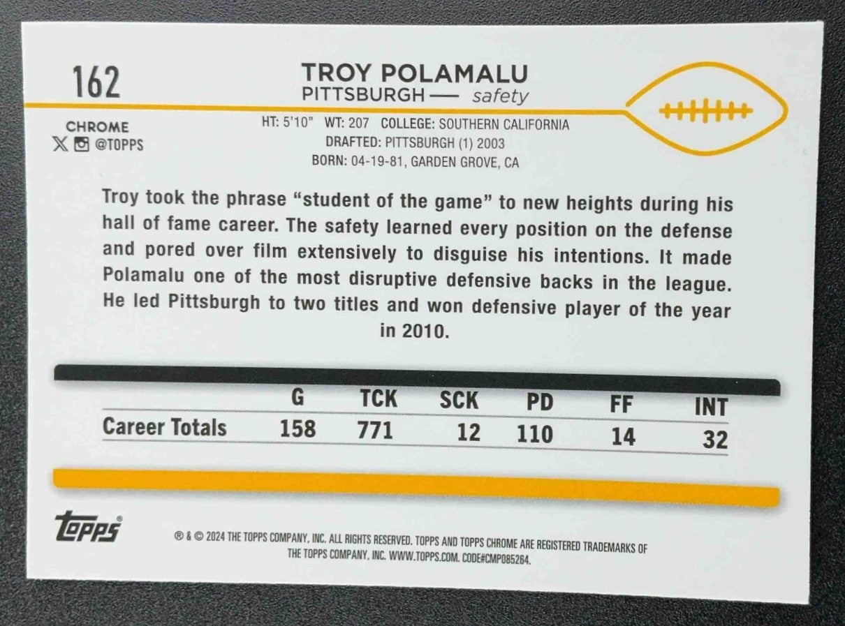 TROY POLAMALU 2024 TOPPS CHROME #162 PRISM REFRACTOR STEELERS