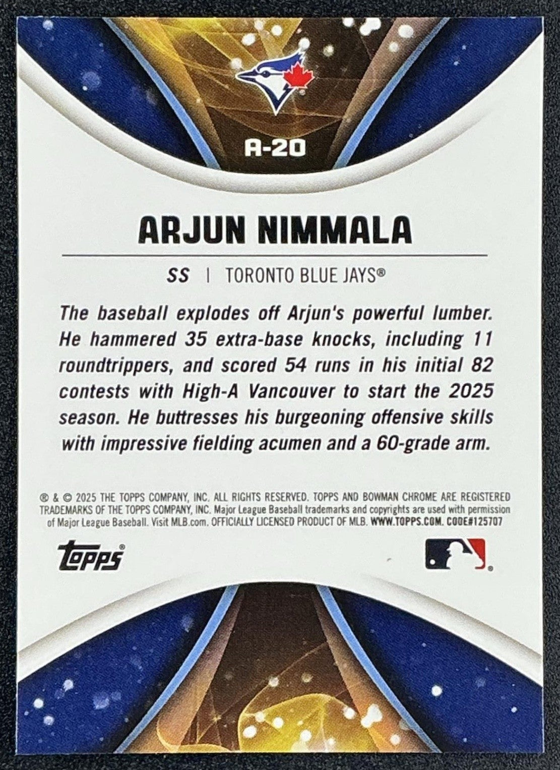 ARJUN NIMMALA 2025 BOWMAN DRAFT #A-20 AXIS CHROME BLUE JAYS