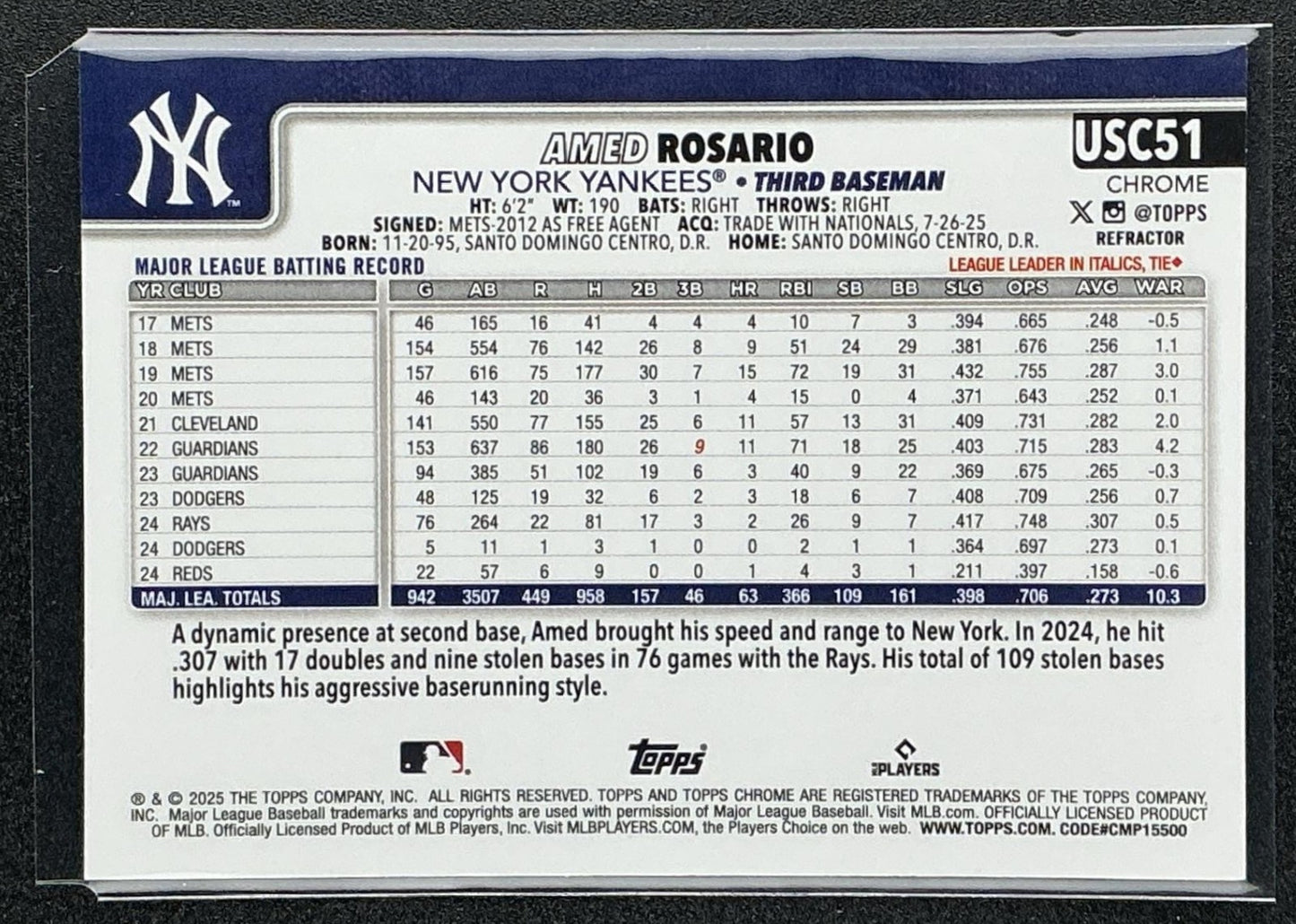 AMED ROSARIO 2025 TOPPS CHROME UPDATE #USC51 REFRACTOR YANKEES