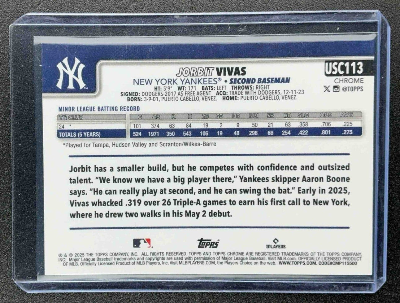 JORBIT VIVAS 2025 TOPPS CHROME UPDATE #USC113 GOLD REFRACTOR 32/50 RC YANKEES