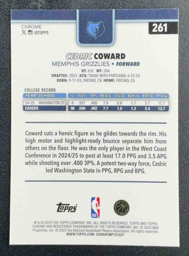CEDRIC COWARD 2025-26 TOPPS CHROME #261 RC GRIZZLIES