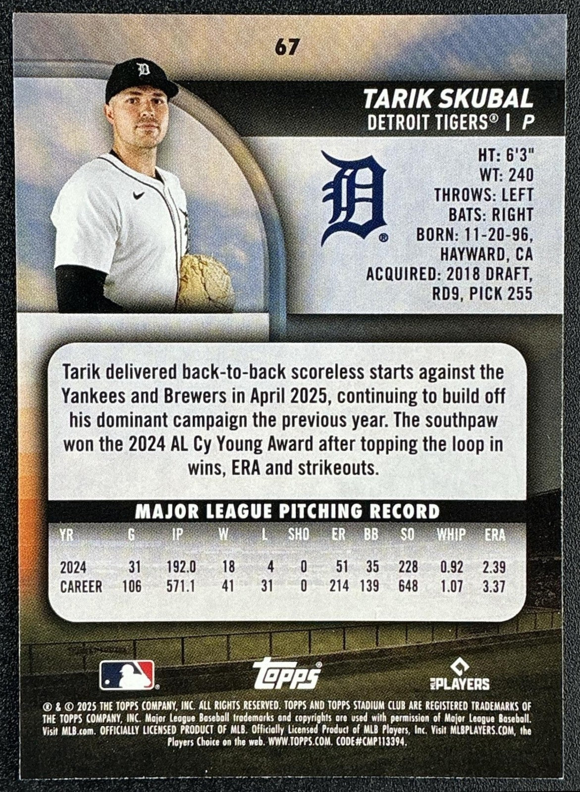 TARIK SKUBAL 2025 TOPPS STADIUM CLUB #67 TIGERS
