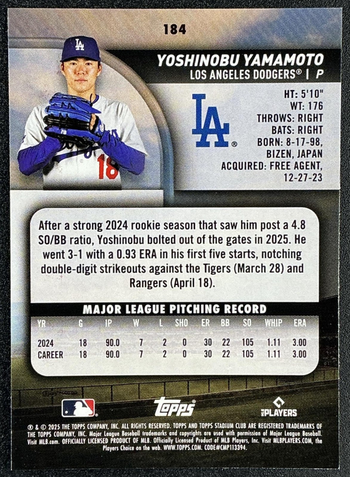YOSHINOBU YAMAMOTO 2025 TOPPS STADIUM CLUB #184 DODGERS